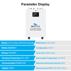 51.2V 314Ah 16kWh LiFePO4 Battery with Smart BMS for Home Energy Storage System|Wistek