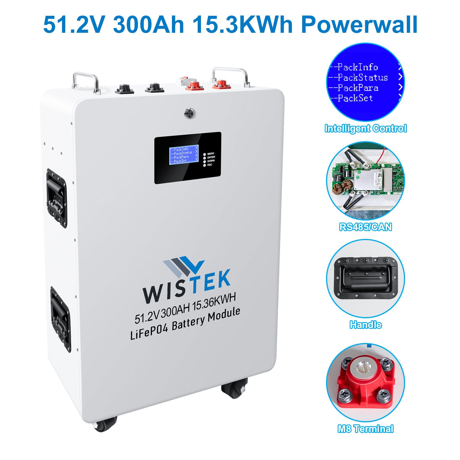 High Quality 51.2V 15KWh Wall Mount Mobile LiFePO4 Battery Pack with 200A BMS(Wistek|USA) - Wistek