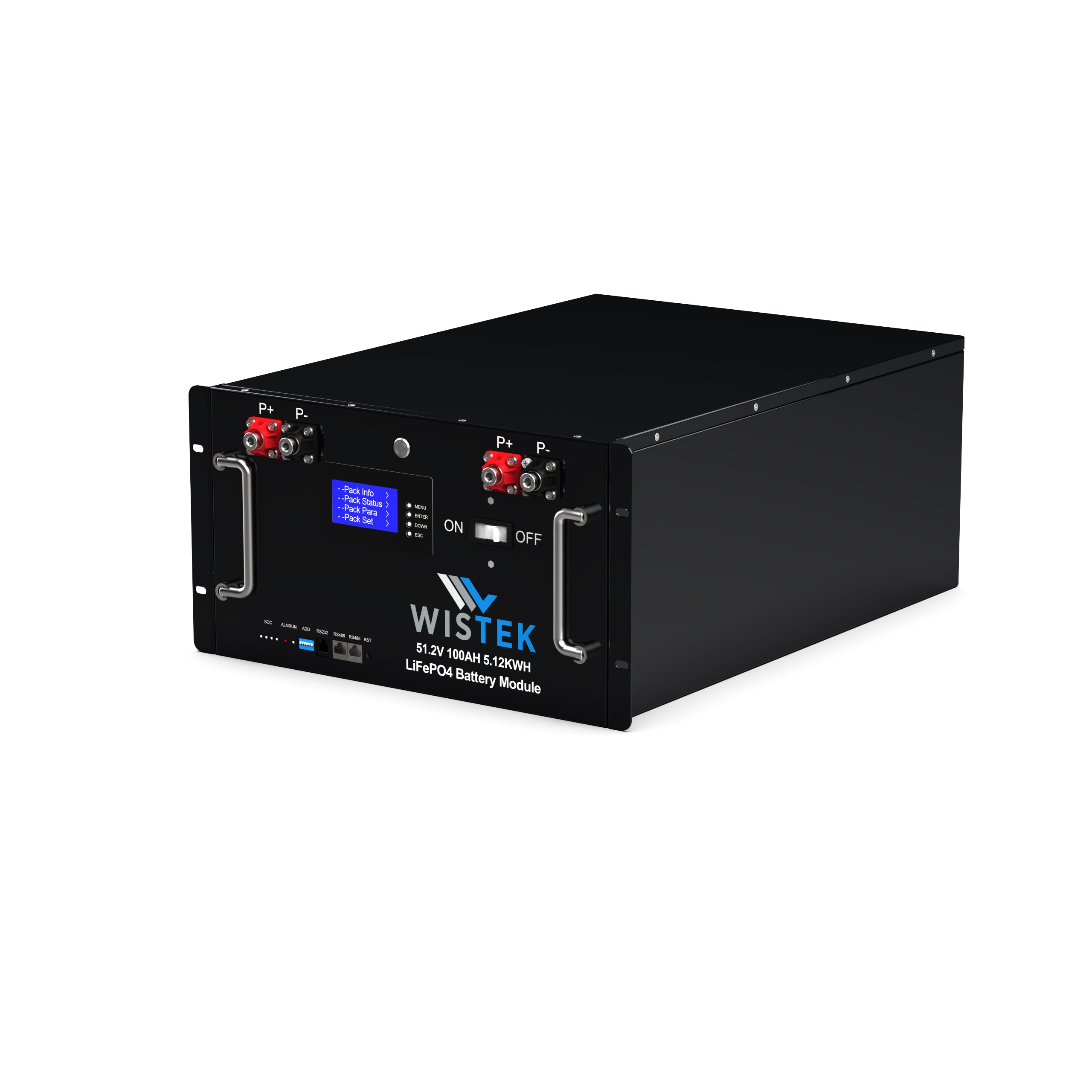 Black 5kwh battery module with WISTEK branding on a white background