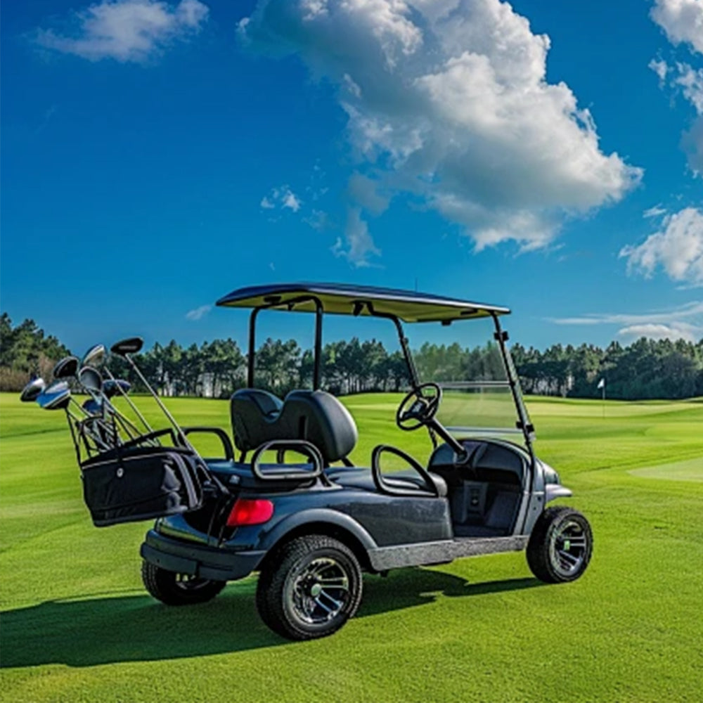 A golf cart parked on the lawn