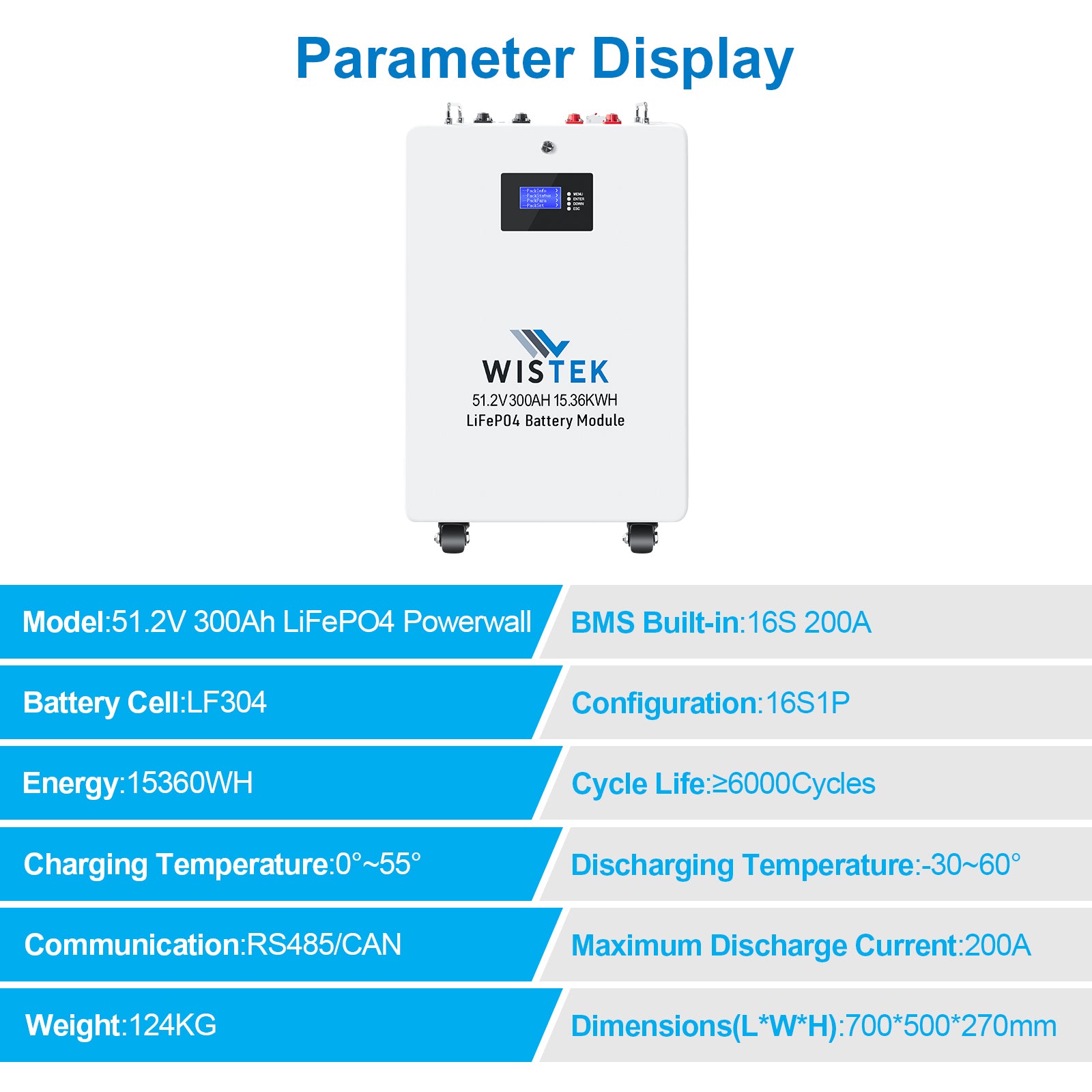 High Quality 51.2V 15KWh Wall Mount Mobile LiFePO4 Battery Pack with 200A BMS(Wistek|USA) - Wistek