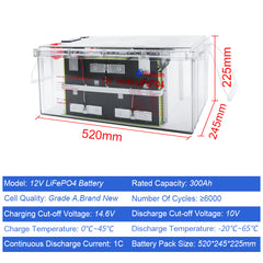 Wistek 12V 300Ah transparenter LiFePO4-Lithium-Ionen-Akku mit 300A BMS 3840W Ausgang 