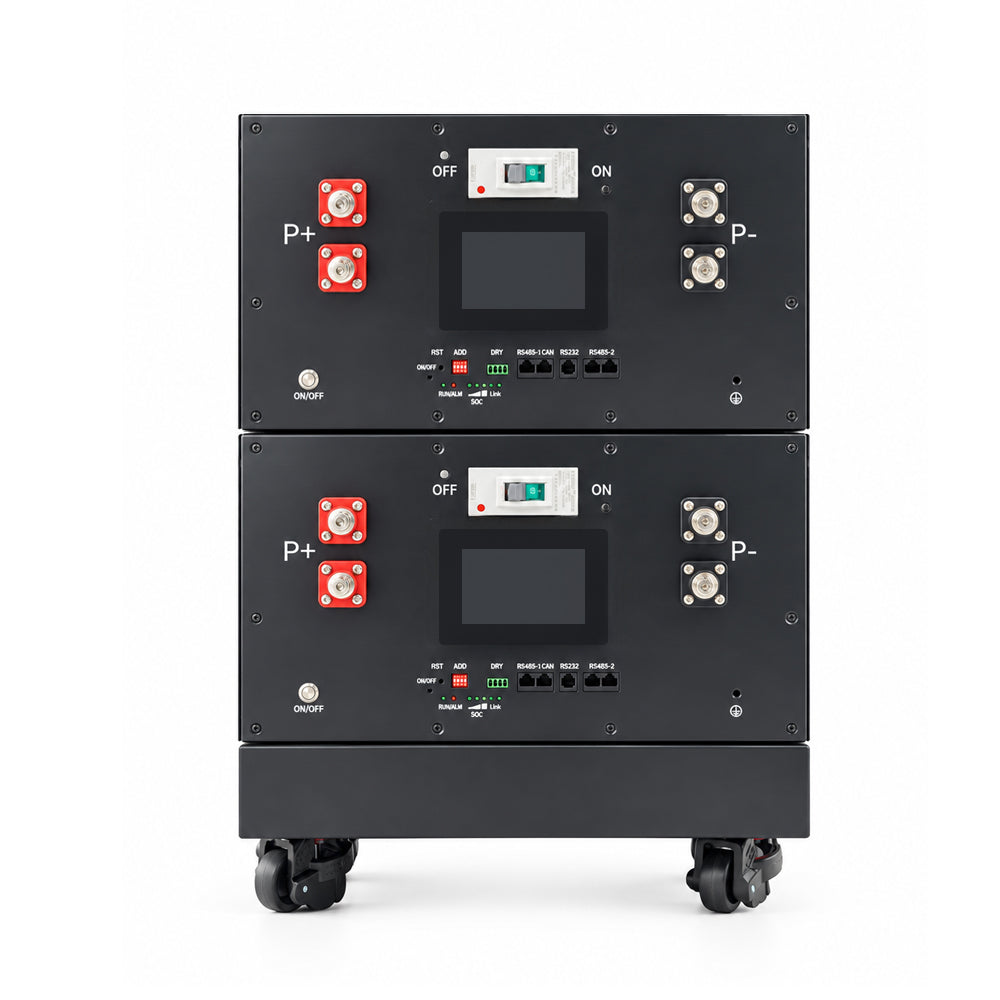 A black industrial battery management system or power station unit with two stacked front panels on a wheeled base, photographed on a clean white background.