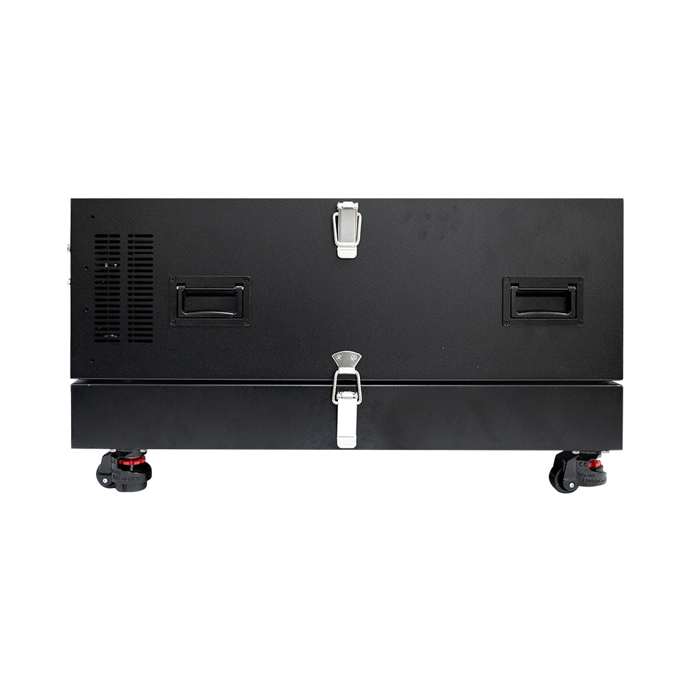 A black heavy-duty utility storage cabinet with casters, featuring a top latch, bottom drawer with a central latch, and side ventilation grilles, shown against a plain white background.