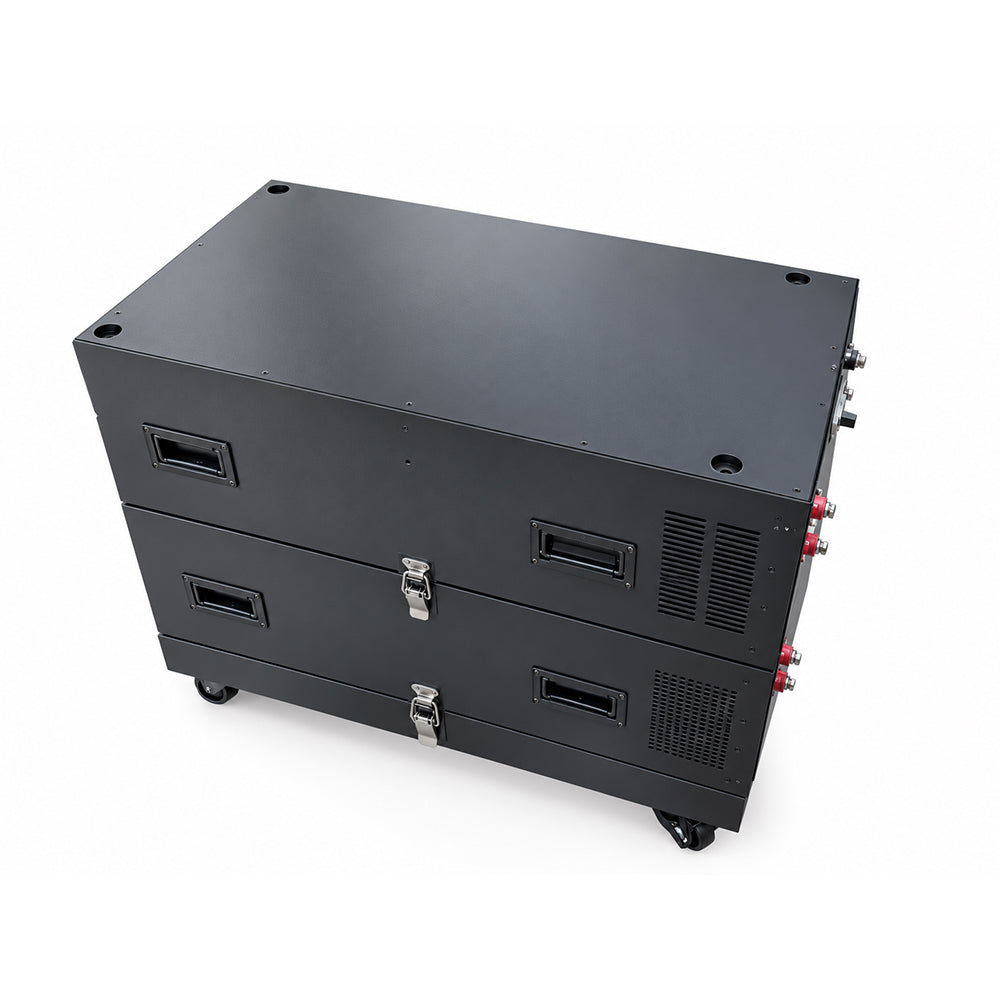 A black industrial double-drawer storage cabinet with latches, ventilation grilles, and caster wheels, shown on a white background.
